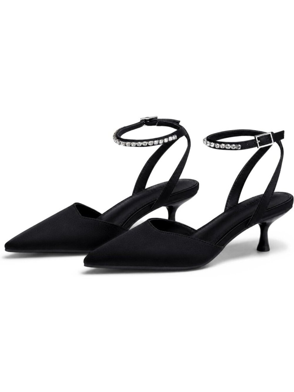 Women's Black Low Kitten Heels Closed Pointed Toe Pumps Rhinestone Ankle Strap